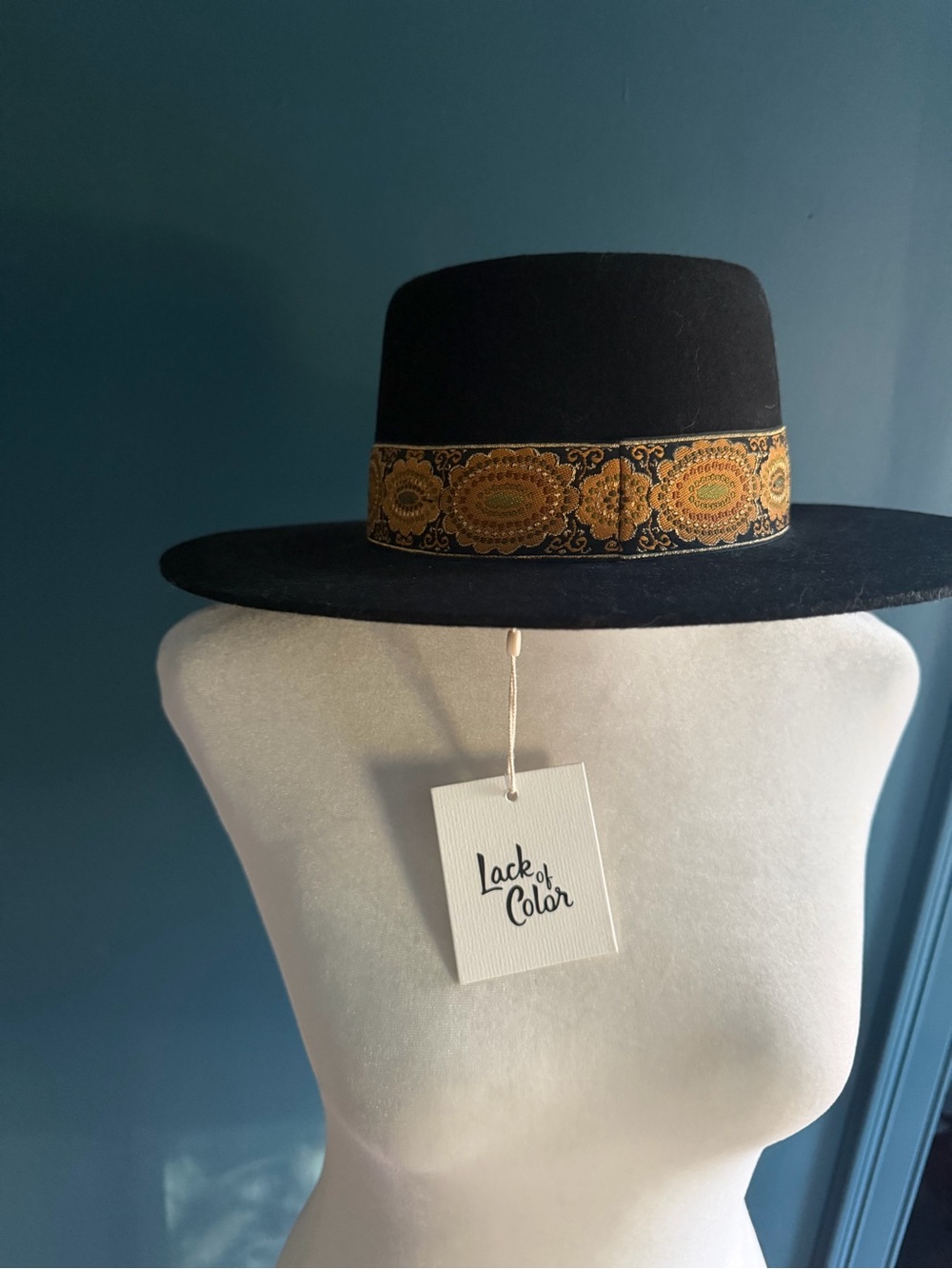 Lack Of Color Black Wool Hat with Gold Embroidered Trim